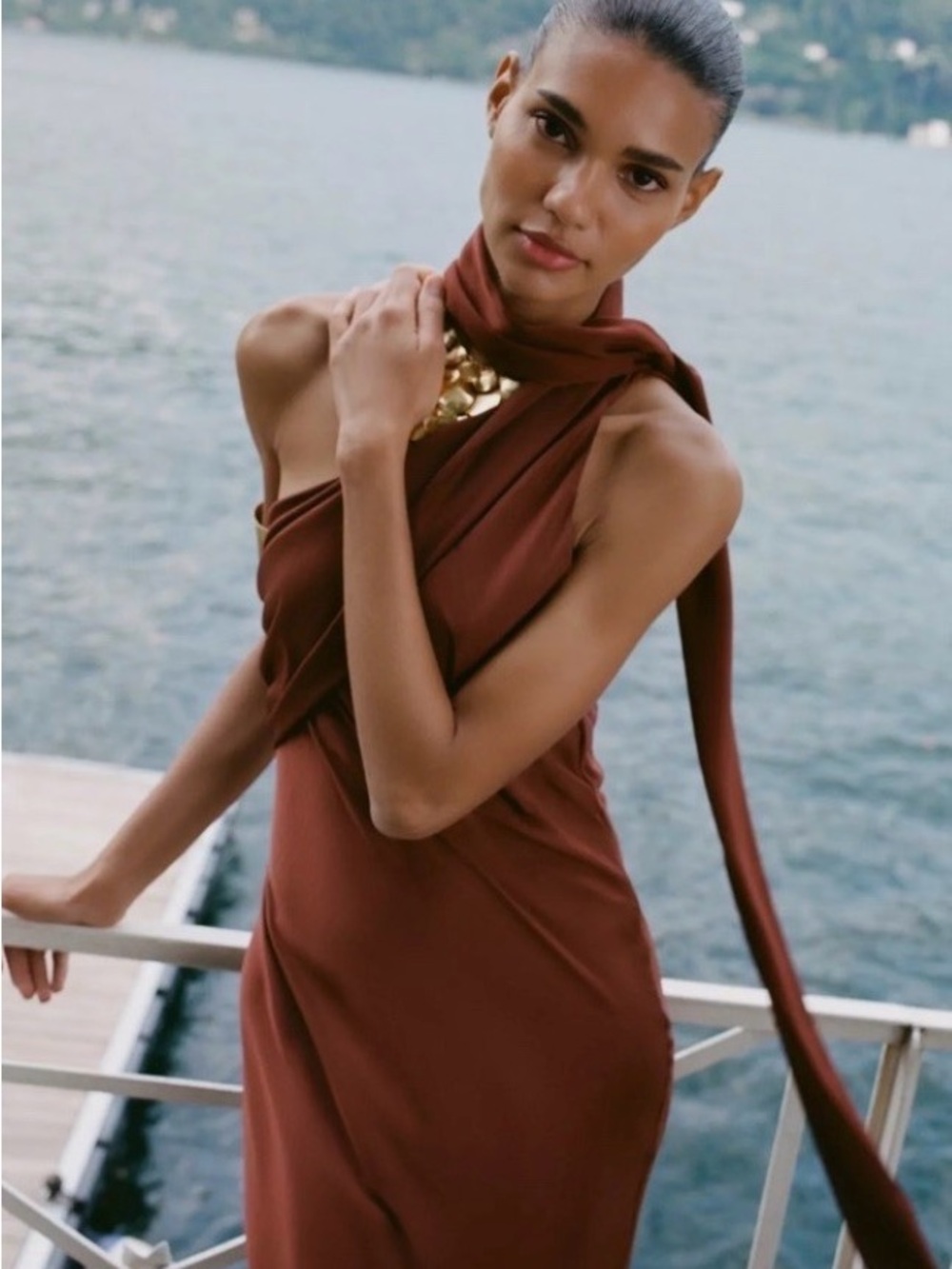 Zara Rust-Brown One-Shoulder Draped Midi Dress - Picture 2 of 8
